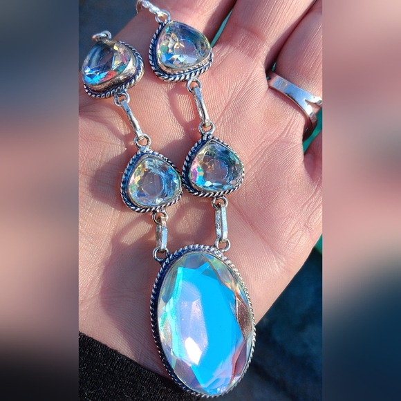 🩵Rainbow Topaz Gemstone Vintage Necklace 925 stamped Sterling Silver - Picture 3 of 6